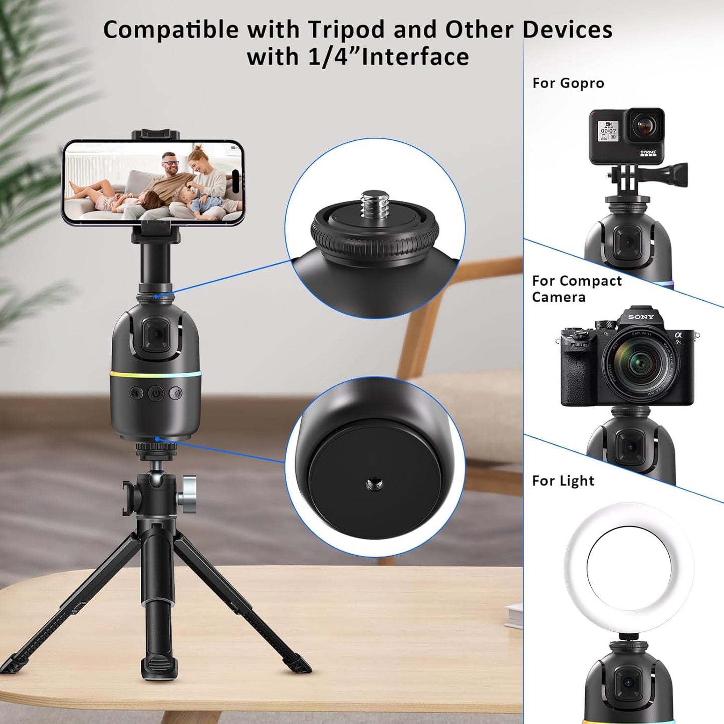 Auto Face Tracking Phone Holder for Phone, GoPro, Compact Camera, 360° Rotation Auto Tracking Mount Compatible with Tripod, Rotating Stand for iPhone for Vlog, Streaming, Video, FaceTime, TIK Tok