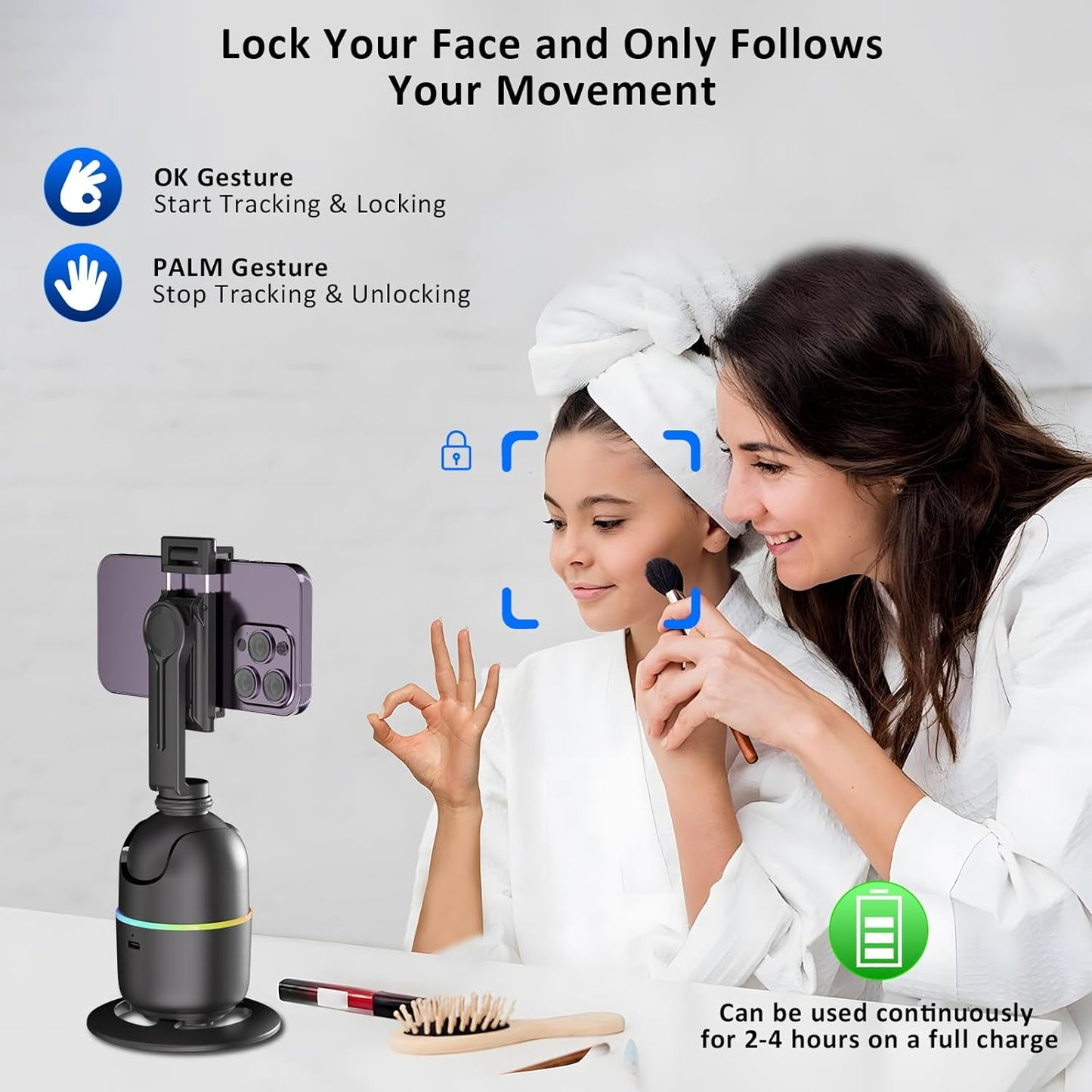 Auto Face Tracking Phone Holder for Phone, GoPro, Compact Camera, 360° Rotation Auto Tracking Mount Compatible with Tripod, Rotating Stand for iPhone for Vlog, Streaming, Video, FaceTime, TIK Tok