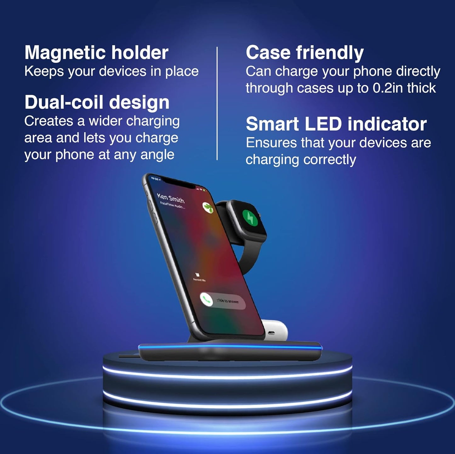 3-in-1 Wireless Charger 15W for Qi-Devices/iPhone/Samsung (Black) Charging Pad