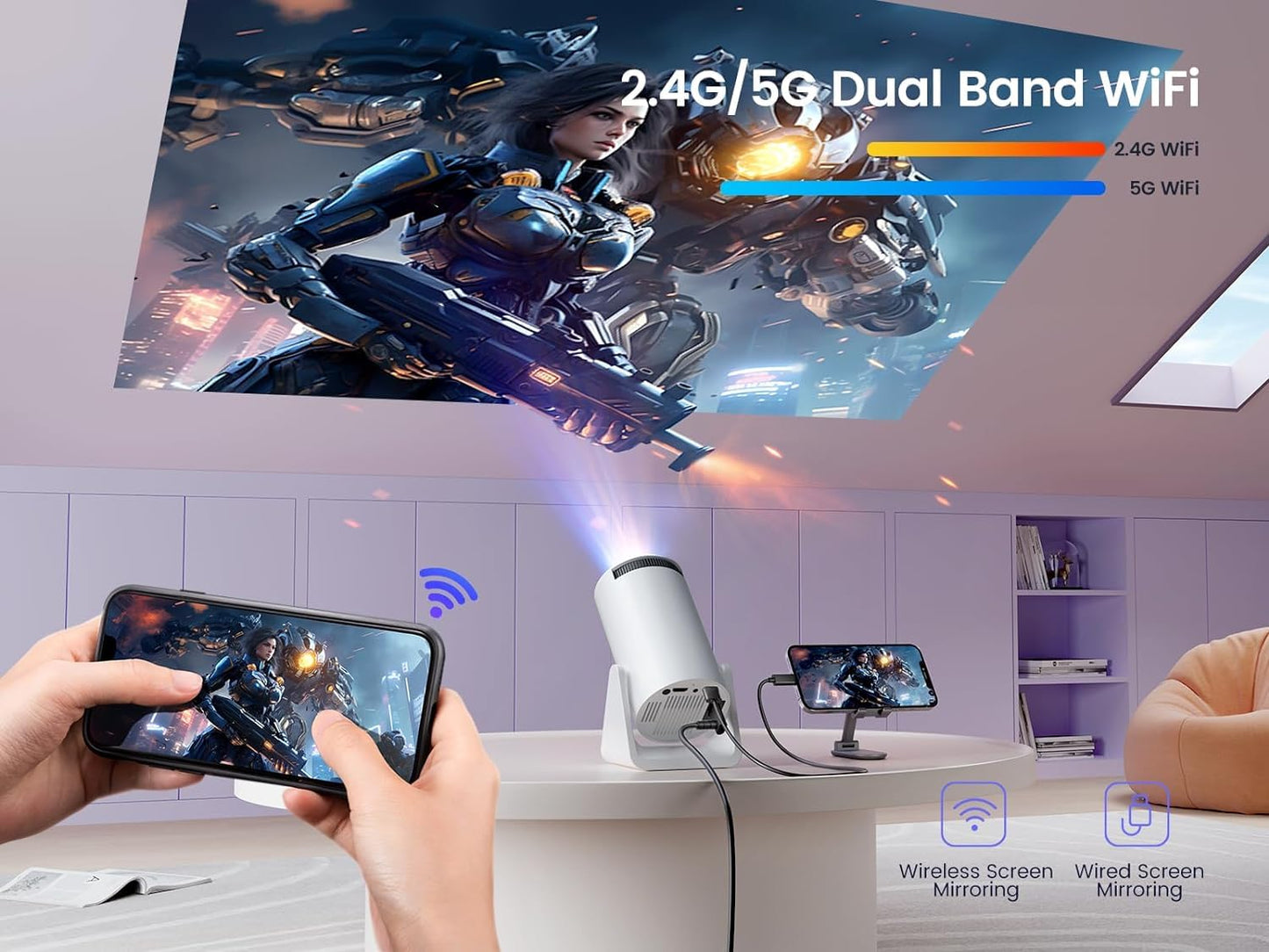 BIGASUO Andriod 5G Wifi Projector Home 4K Support With 4000Lm,1080P Smartphone Full Hd Portable Builtin Youtube Other Apps Auto Keystone 200" Screen Compatible 4K Tv Stick (M9),White