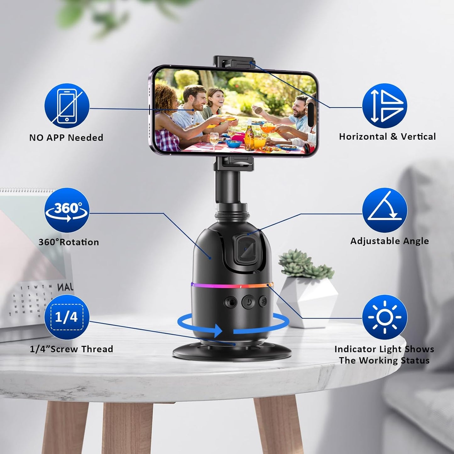 Auto Face Tracking Phone Holder for Phone, GoPro, Compact Camera, 360° Rotation Auto Tracking Mount Compatible with Tripod, Rotating Stand for iPhone for Vlog, Streaming, Video, FaceTime, TIK Tok
