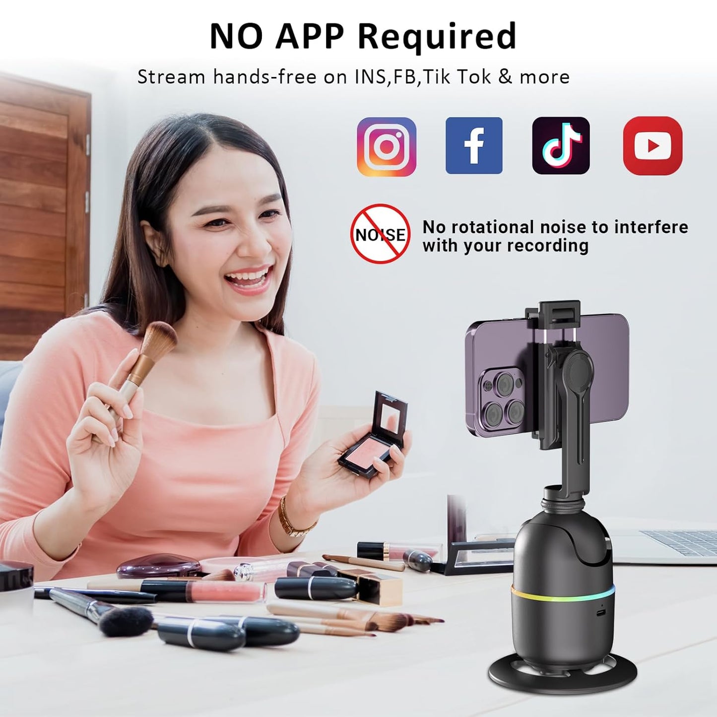Auto Face Tracking Phone Holder for Phone, GoPro, Compact Camera, 360° Rotation Auto Tracking Mount Compatible with Tripod, Rotating Stand for iPhone for Vlog, Streaming, Video, FaceTime, TIK Tok