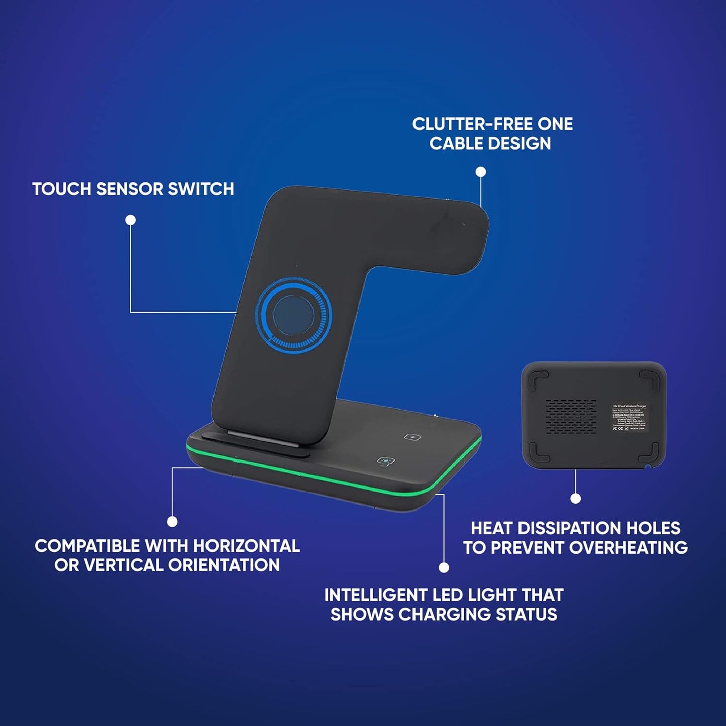 3-in-1 Wireless Charger 15W for Qi-Devices/iPhone/Samsung (Black) Charging Pad
