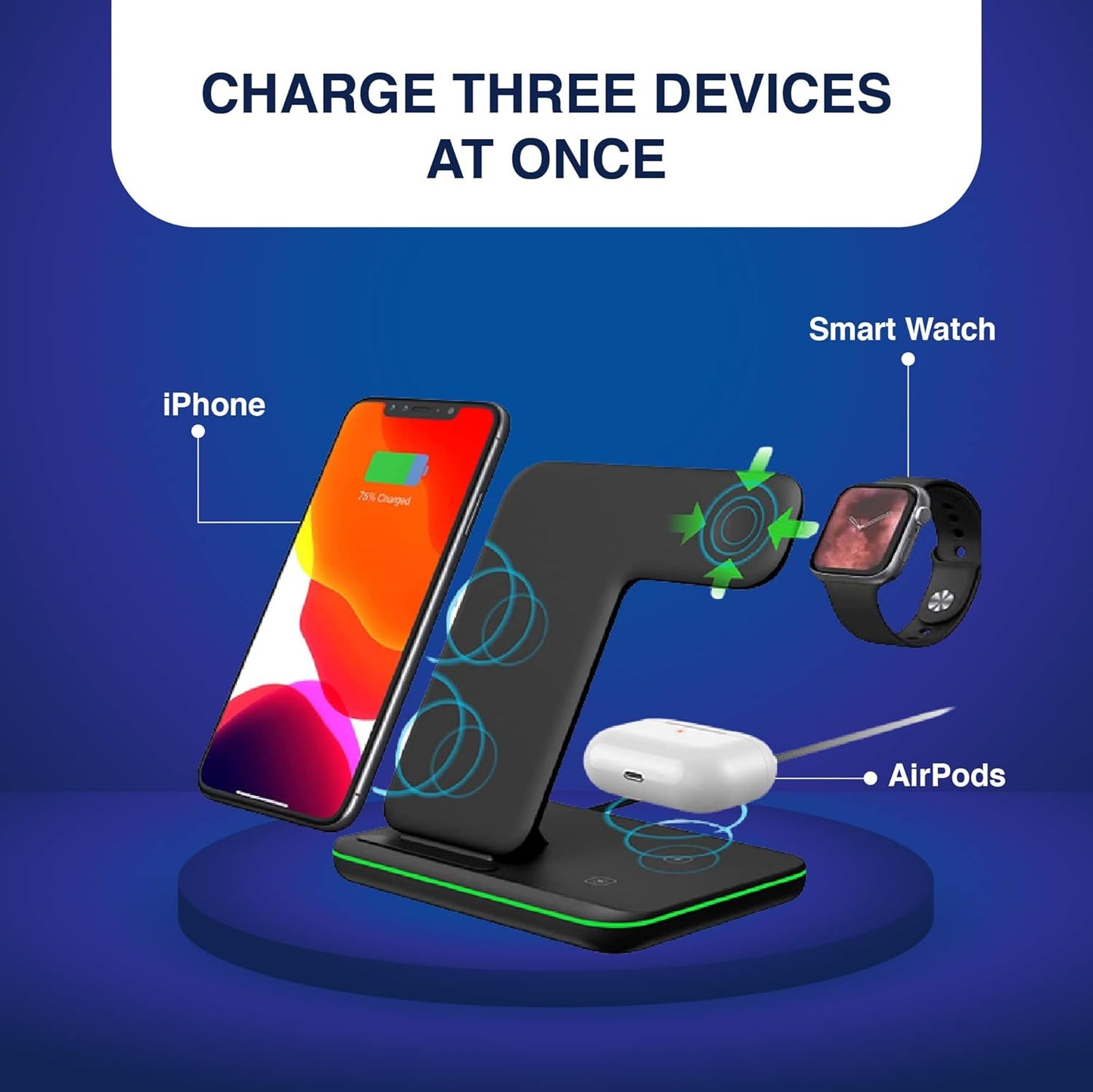 3-in-1 Wireless Charger 15W for Qi-Devices/iPhone/Samsung (Black) Charging Pad