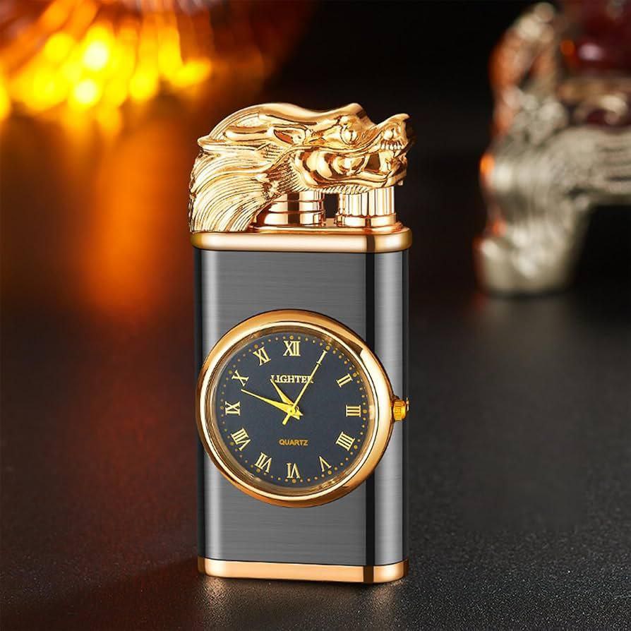 Windproof Lighter, Vintage Lighter with Watch, Magic Dual Flame Dragon Lighter with Watch, Creative Adjustable Flame Windproof Lighter, Portable Candle Lighters for Fireplace