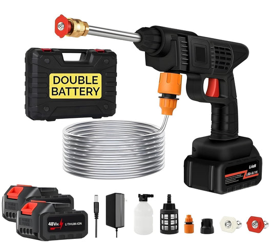 Cordless Portable Wireless Pressure Washer Gun 48V 12000mah High Pressure Water Gun for Car Wash Bike Washing Cleaning| Adjustable Nozzle and 5M Hose Pipe (Double_Battery) (Black 2)