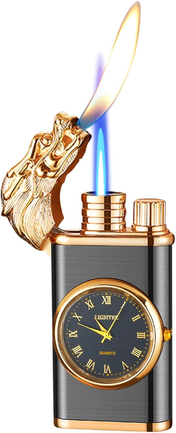 Windproof Lighter, Vintage Lighter with Watch, Magic Dual Flame Dragon Lighter with Watch, Creative Adjustable Flame Windproof Lighter, Portable Candle Lighters for Fireplace