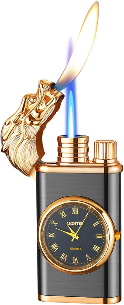 Windproof Lighter, Vintage Lighter with Watch, Magic Dual Flame Dragon Lighter with Watch, Creative Adjustable Flame Windproof Lighter, Portable Candle Lighters for Fireplace