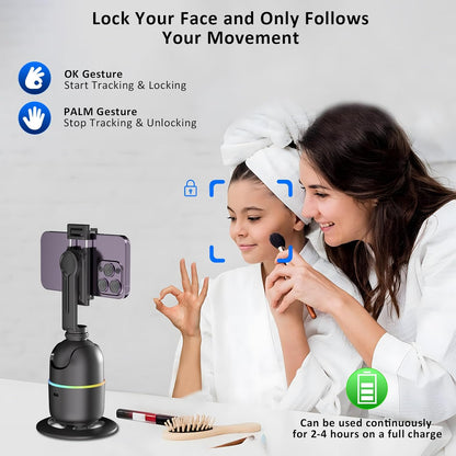 Auto Face Tracking Phone Holder for Phone, GoPro, Compact Camera, 360° Rotation Auto Tracking Mount Compatible with Tripod, Rotating Stand for iPhone for Vlog, Streaming, Video, FaceTime, TIK Tok