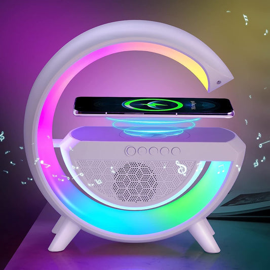 4 in 1 Night Light Bluetooth Speakers with 15W Wireless Mobile Charger, Rechargeable LED Desk Lamp, Atmosphere Lamp G-Shape Speaker, Bedside Lamp for Bedroom, Room Decor, Gift (Multicolor)