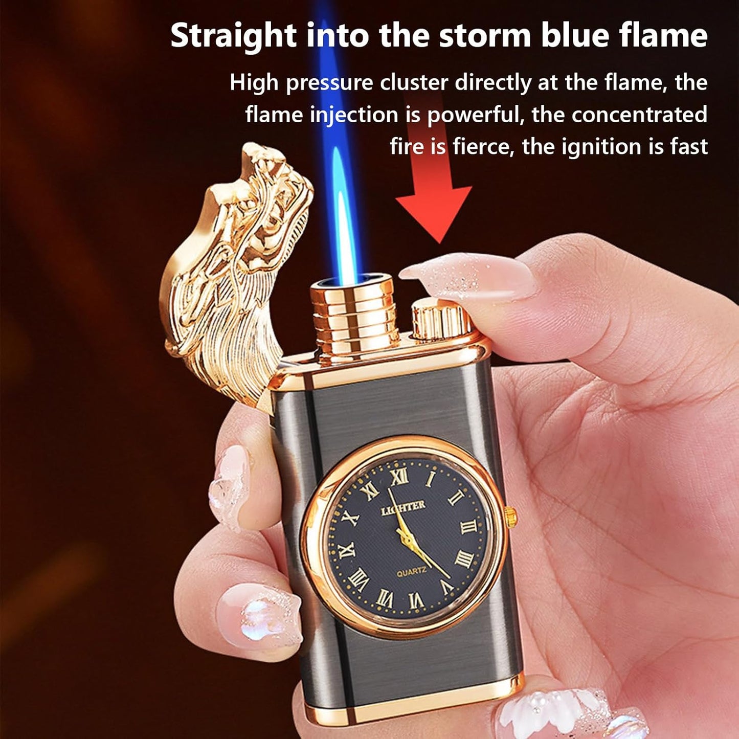 Windproof Lighter, Vintage Lighter with Watch, Magic Dual Flame Dragon Lighter with Watch, Creative Adjustable Flame Windproof Lighter, Portable Candle Lighters for Fireplace