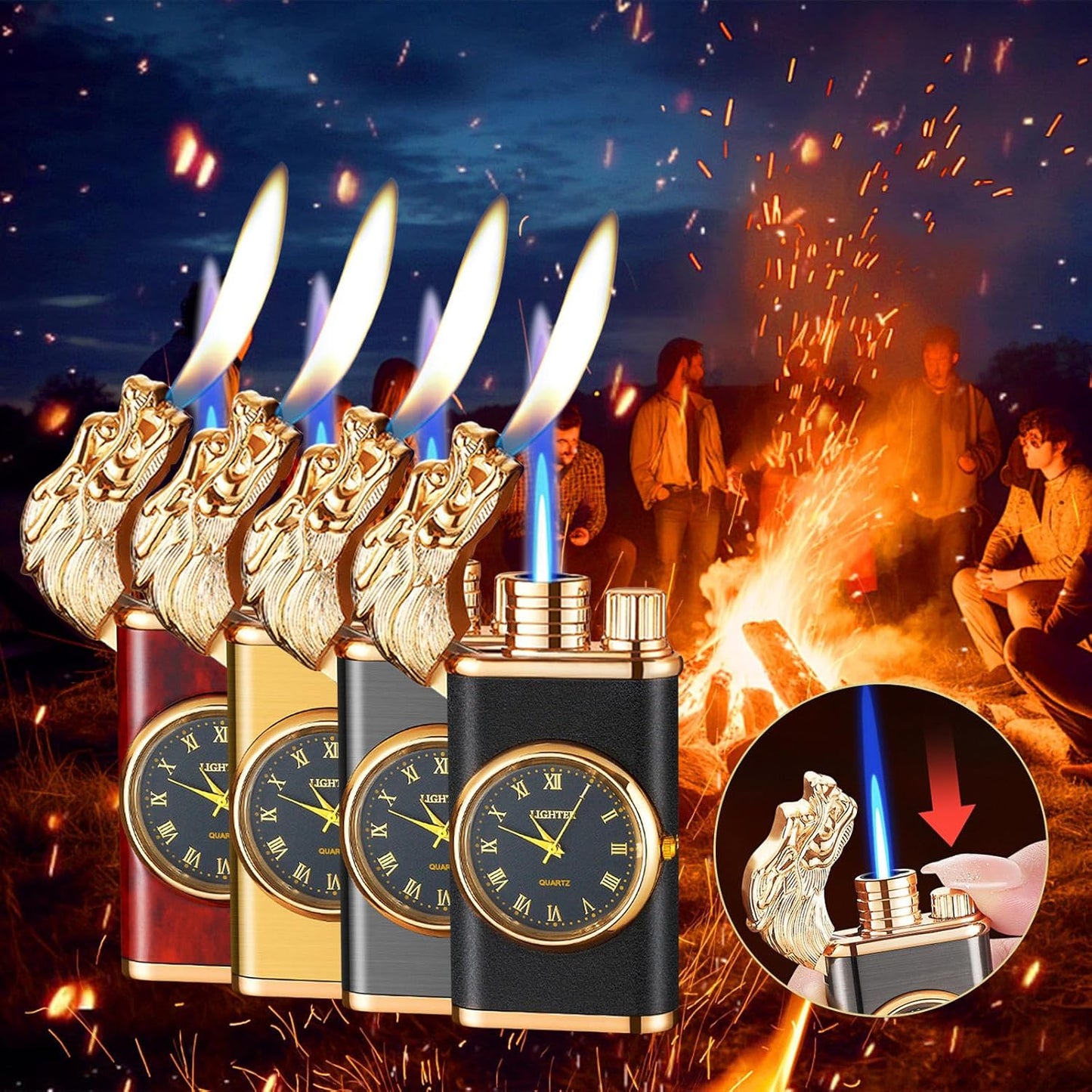 Windproof Lighter, Vintage Lighter with Watch, Magic Dual Flame Dragon Lighter with Watch, Creative Adjustable Flame Windproof Lighter, Portable Candle Lighters for Fireplace
